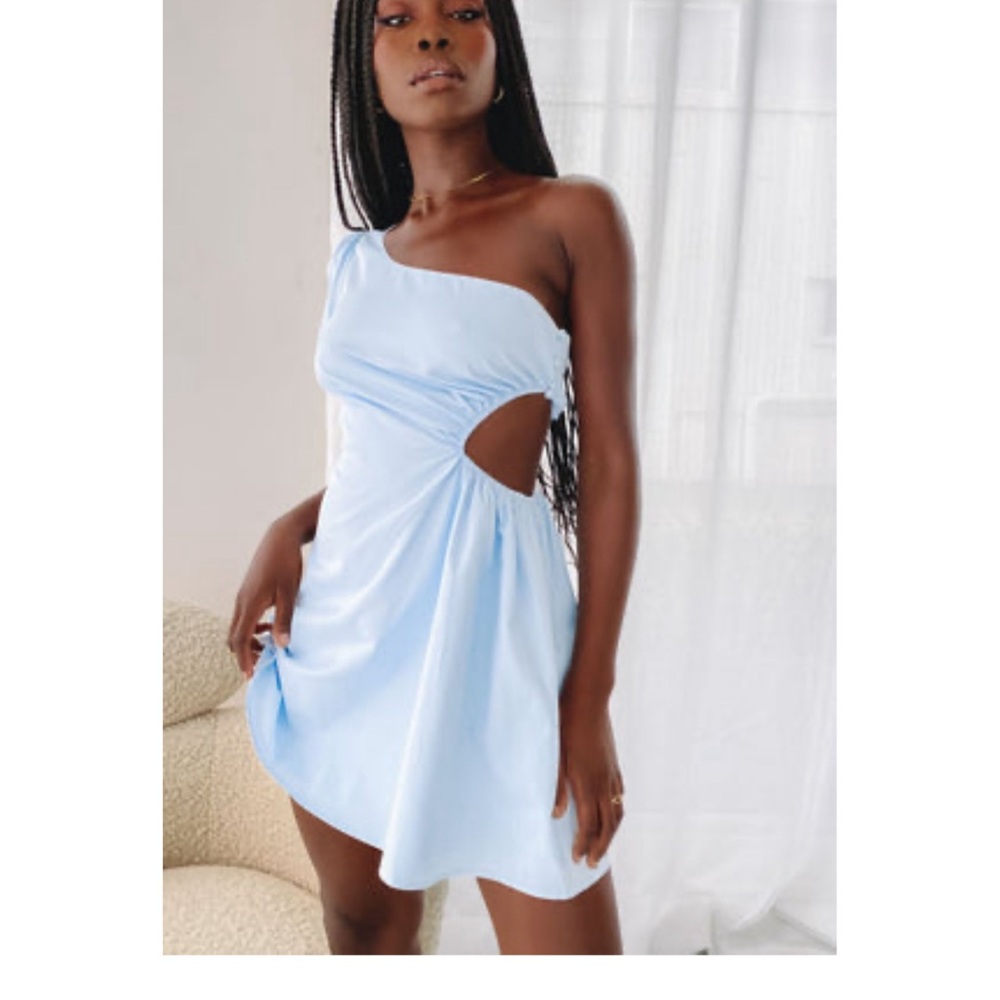 Beginning Boutique light blue, one shoulder, cut out mini dress
